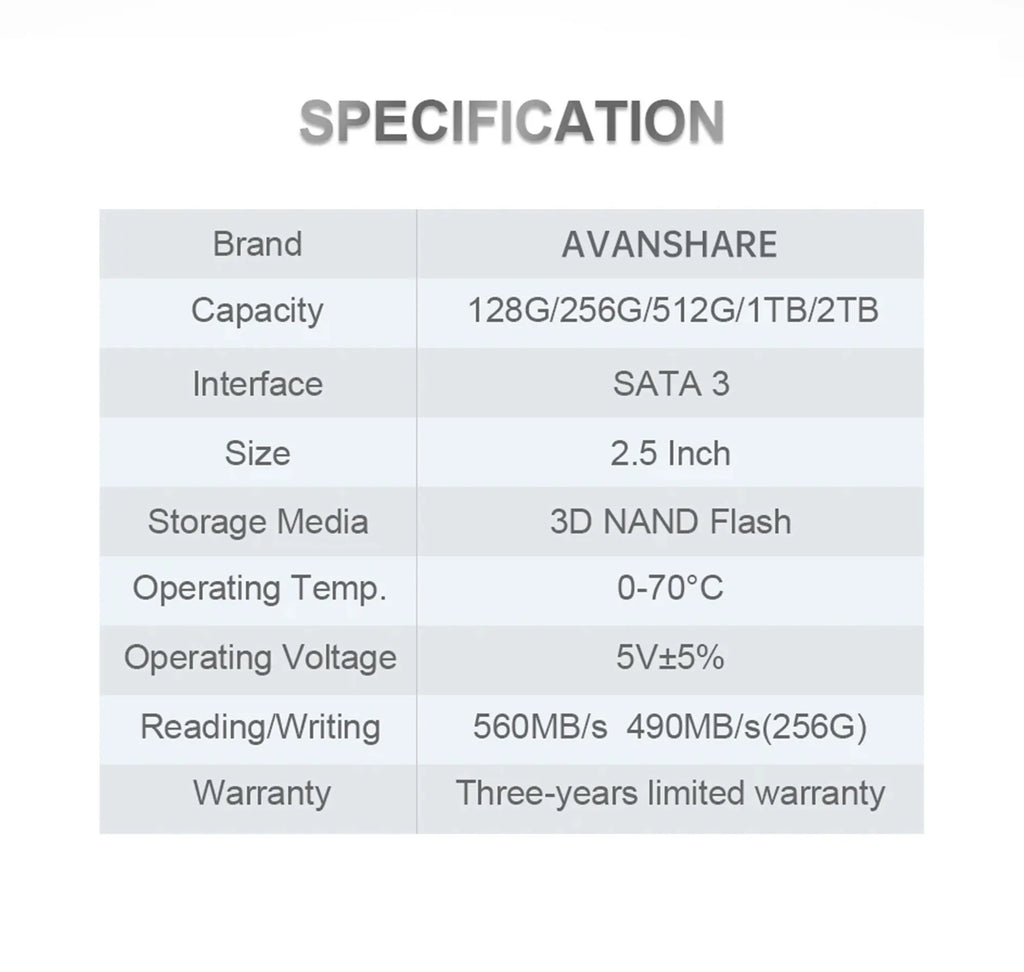 Avanshare SSD Hard Disk  256GB  2.5"  for Desktop/Laptop